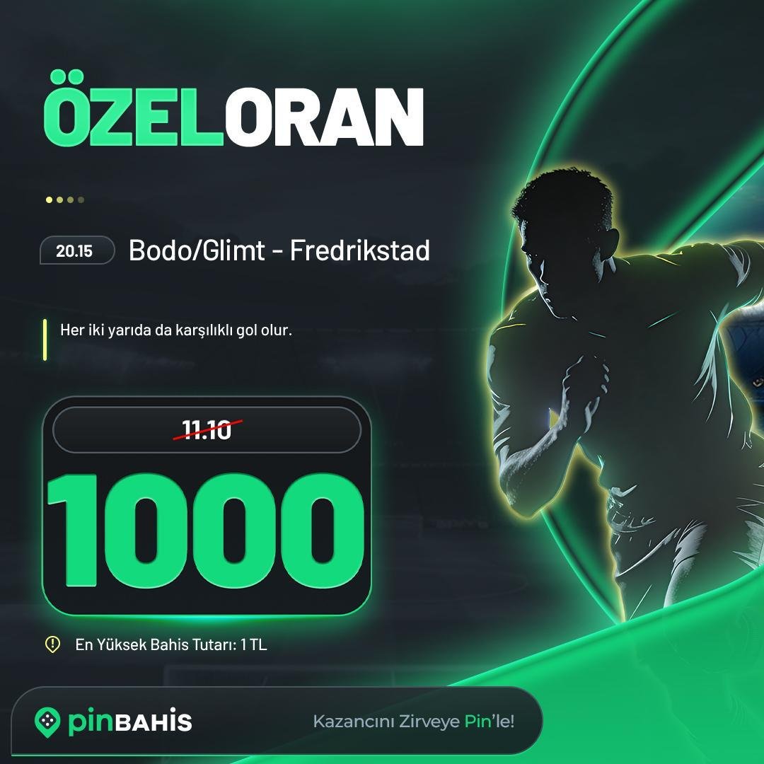 pinofficials's tweet photo. ⚽️ Bodo/Glimt - Fredrikstad   
⏰ 20.15

👉 Her iki yarıda da karşılıklı gol olur.

🔼 1000 katı özel oran
💵 En yüksek bahis tutarı: 1 TL

➡️ Sınırlı sayıdaki özel oran fırsatından yararlanmak için hemen bahis al! https://t.co/cNCQAW7vQX

🗓 17.07.2026 https://t.co/7G11v6NJKC