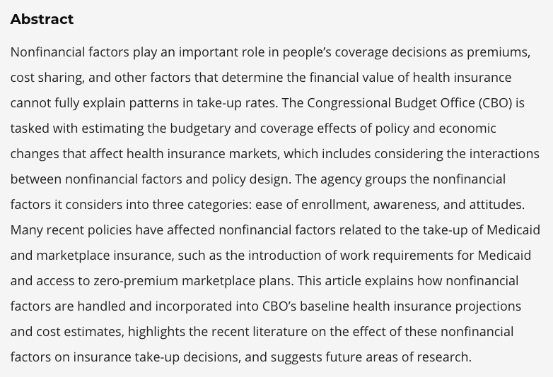 onceuponA's tweet photo. If you tried to mad libs a paper title to get me to click you couldn't do much better than this: 

The role of nonfinancial factors in the Congressional Budget Office’s health insurance coverage projections

https://t.co/IAkS7l6UVb https://t.co/UGiBR6Vm5B