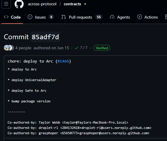 kingmakerxbt's tweet photo. Looks like Across Protocol deploying their Arc chain bridge infrastructure

Details:

- SpokePool (0x9b4A302A...): the main bridge contract on Arc. Users deposit here to bridge out, and receive funds here when bridging in.
- SP1Helios (0x3baD7AD0...): a ZK light client that proves Ethereum state on Arc. This is how Arc verifies that something actually happened on mainnet without trusting a third party.
- Safe (0xd396CcB6...): a 5-of-5 multisig wallet for the team to manage the deployment. The 3-of-5 threshold means any 3 of the 5 listed owners must sign to execute transactions.

Arc isn't in the standard Safe deployment registry, so the team had to add a workaround the --use-canonical-infra flag and the canonicalSafeInfraAddresses.json file. 

his manually provides the Safe contract addresses instead of looking them up from the registry, since Arc is too new to be included.

  [CHAIN_IDs.ARC]: {
    cctpV2TokenMessenger: "0x28b5a0e9C621a5BadaA536219b3a228C8168cf5d",
    cctpV2MessageTransmitter: "0x81D40F21F12A8F0E3252Bccb954D722d4c464B64",
  },