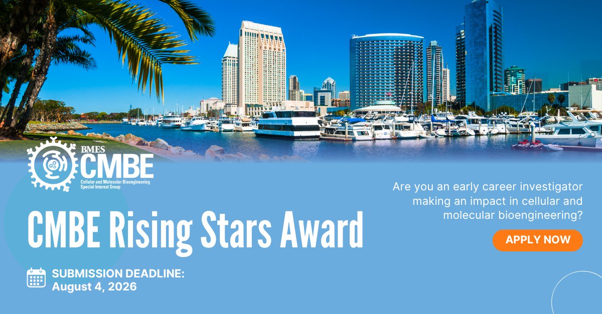 BMES_CMBE's tweet photo. Applications are still open for the 2027 CMBE Rising Stars Award! 🌟
This award recognizes outstanding early-career investigators making significant contributions to cellular &amp; molecular bioengineering. 
Apply: https://t.co/LA1dnma6NK
#CMBE #BiomedicalEngineering https://t.co/EBB2Td7xyo
