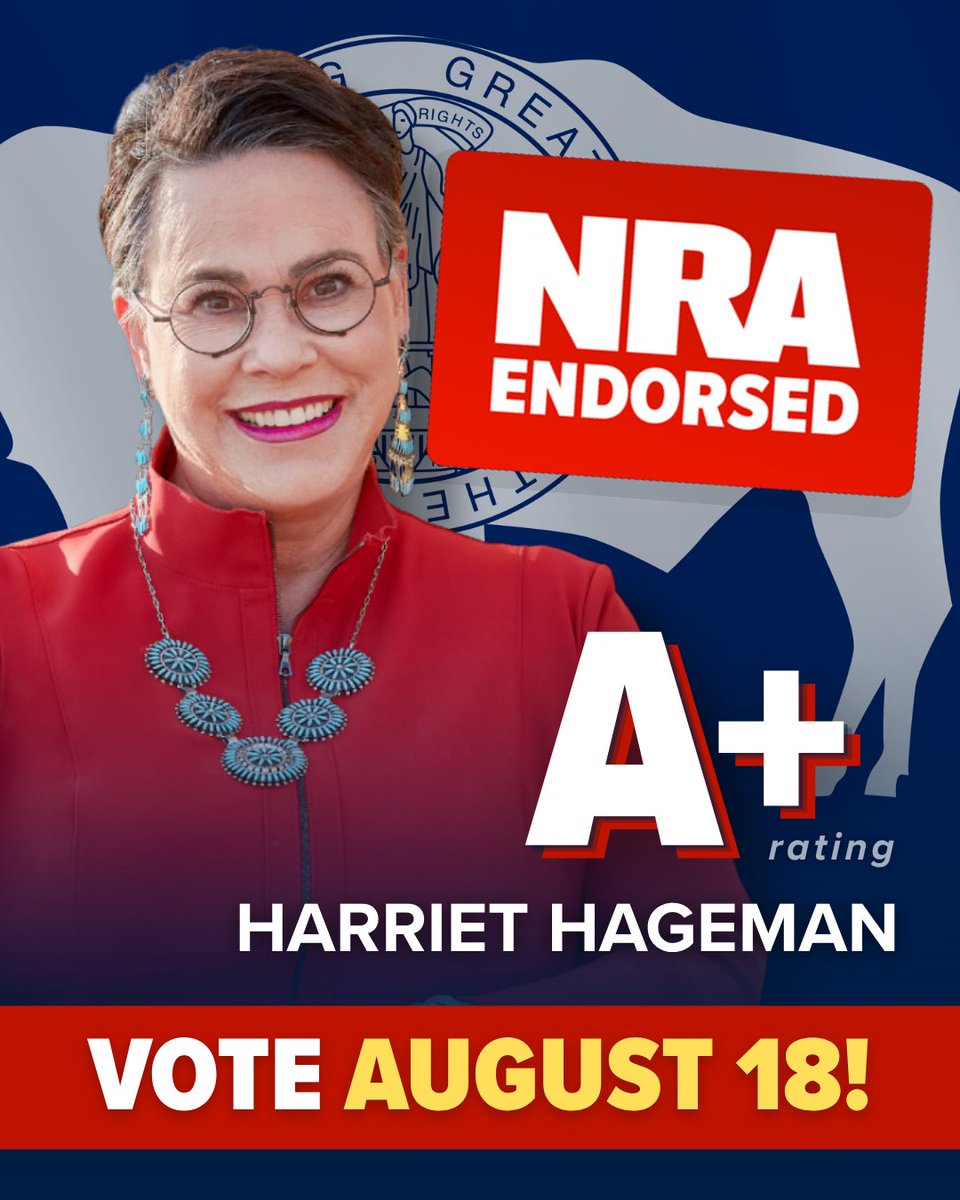NRA's tweet photo. Wyoming deserves a gun rights champion in Washington, which is why we are proud to endorse @HagemanforWY for U.S. Senate! 🇺🇸

Harriet understands the importance of the Second Amendment in protecting the freedoms Wyomingites enjoy every day. https://t.co/UKP4hRrICB