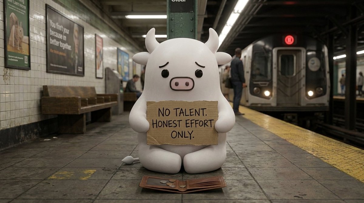 BeggyBull's tweet photo. set up in the busiest subway spot. no instrument, no talent, just honesty. one guy threw in a receipt. read it later. it's for a return. https://t.co/UFgAeTShZx
