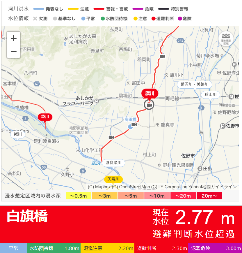 nmaiyasan's tweet photo. 【佐野市の旗川の水位が「避難判断」に】

今後、氾濫危険水位に到達する見込み
https://t.co/eHDH4Za0K5 https://t.co/iJomXxT6KW