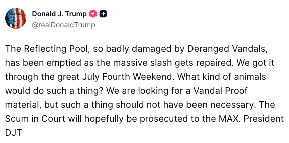 FoxNews's tweet photo. NEW: President Trump says the White House is looking for a "Vandal Proof material" as he announces the refurbished Lincoln Memorial Reflecting Pool has been emptied to repair its "massive slash." https://t.co/b97O4QxMQN