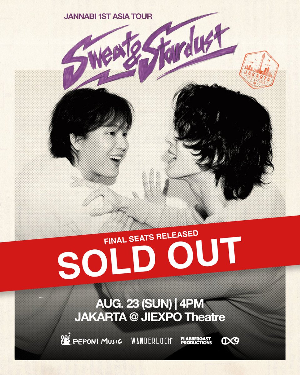 FlabbergastProd's tweet photo. SOLD OUT.

Jakarta, you really did it.

To every fan who waited, refreshed, queued, and secured a ticket, thank you. Your incredible support has made JANNABI 1st Asia Tour “Sweat & Stardust” in Jakarta officially SOLD OUT.

Congratulations, JF Indonesia. You made this happen, and we can’t wait to share this unforgettable night with all of you.

See you on 23 August 2026.
Let’s sing, laugh, and make memories together.

Thank you once again, and we’ll see you at the show. 💜

#JANNABI #잔나비 #SweatAndStardust #JANNABIinJAKARTA #FBGLIVE