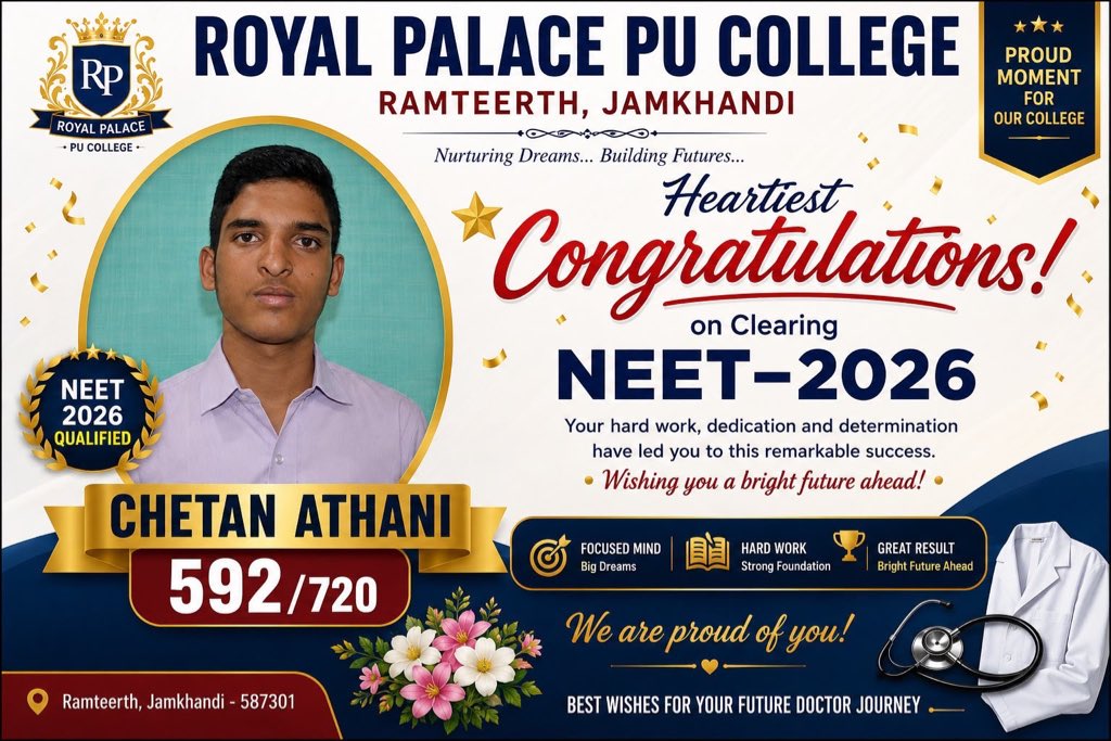 ASNyamagouda's tweet photo. Hearty congratulations to the students of Royal Palace PU College on your outstanding success in the NEET 2026 examination! Your hard work and dedication have made the institution proud. Wishing you all a bright and successful medical career ahead. https://t.co/EY5FpvEc3I