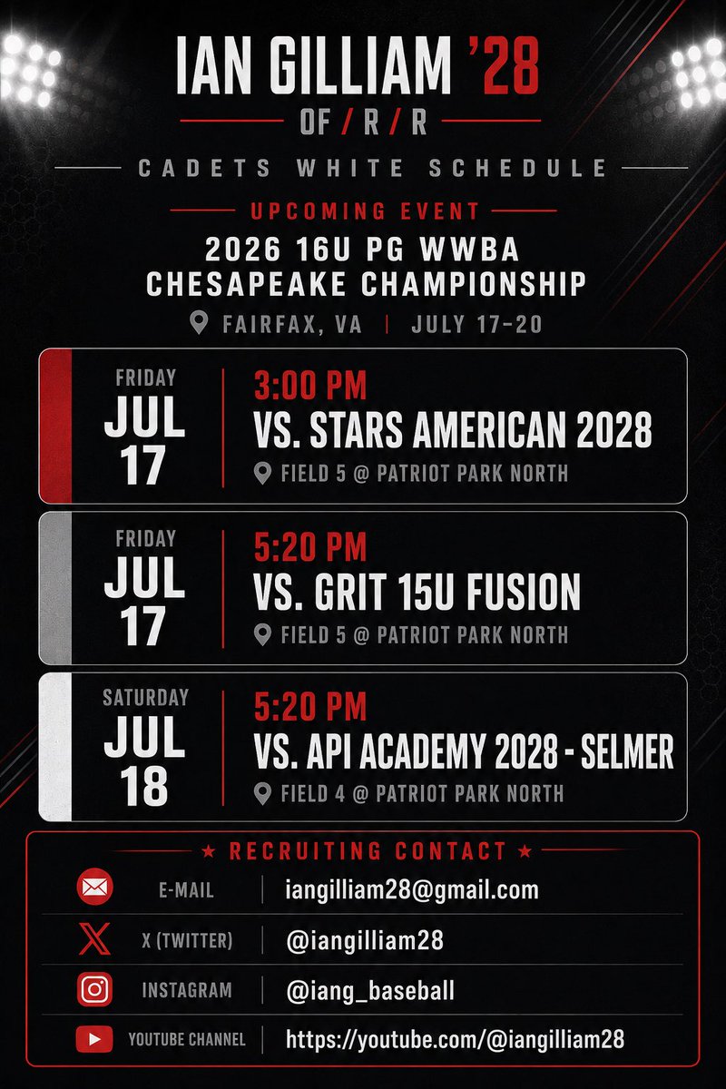 iangilliam28's tweet photo. Excited to compete this weekend in Fairfax, VA with Cadets White.

📍 Fairfax, VA
📅 July 17–19
⚾️ OF | R/R | Class of 2028

Looking forward to competing against great talent and continuing to develop. Thank you to all the coaches who will be in attendance.

📧 iangilliam28@gmail.com
𝕏 @iangilliam28
📸 @iang_baseball
🎥 https://t.co/FgU3t3ywRp

#WWBA #PerfectGame #BaseballRecruiting #ClassOf2028 #2028Grad #Outfielder #CadetsBaseball