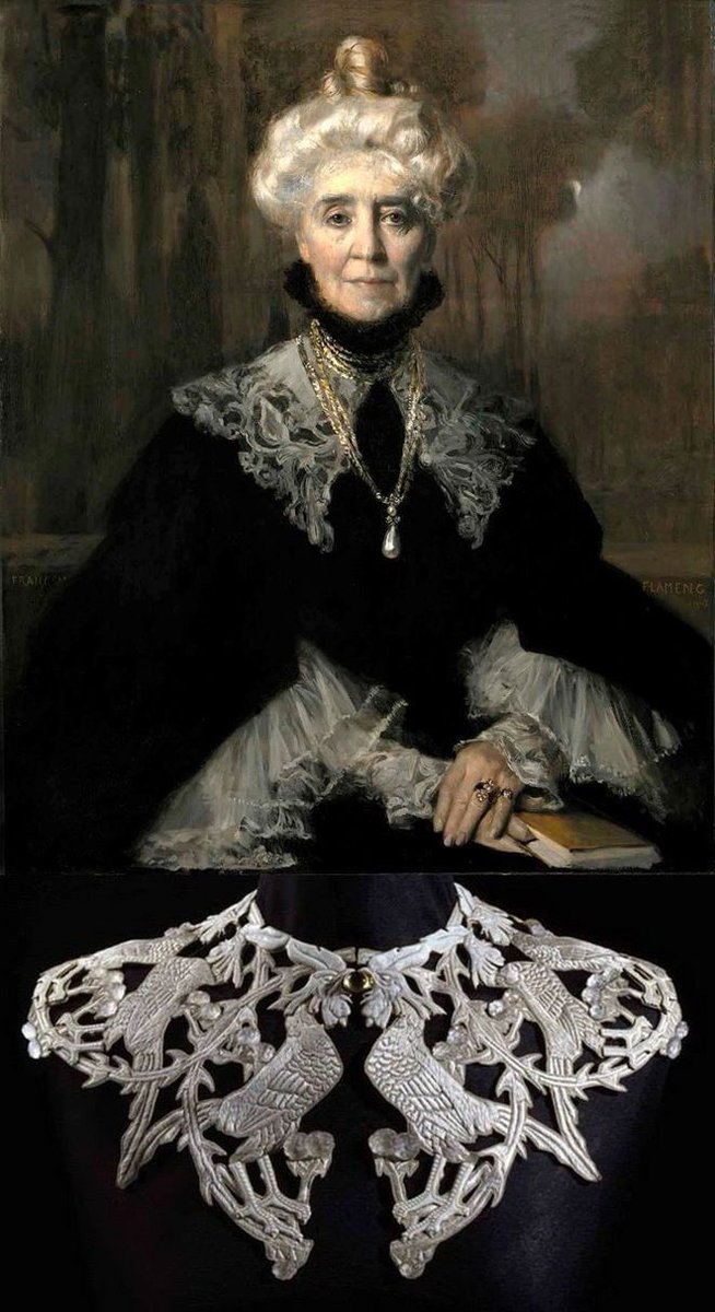 Vulphira's tweet photo. Mrs Adeline M. Noble by Francois Flameng (1903) Embroidered collar with roosters designed by René Lalique https://t.co/dNZ2NOJCNT