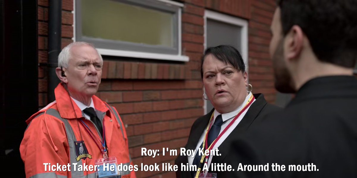 TedLassoism's tweet photo. Roy: I'm Roy Kent. 
Ticket Taker: He does look like him. A little. Around the mouth. 

 Ted Lasso #S02E05
#TedLasso https://t.co/BFPKnyiEao