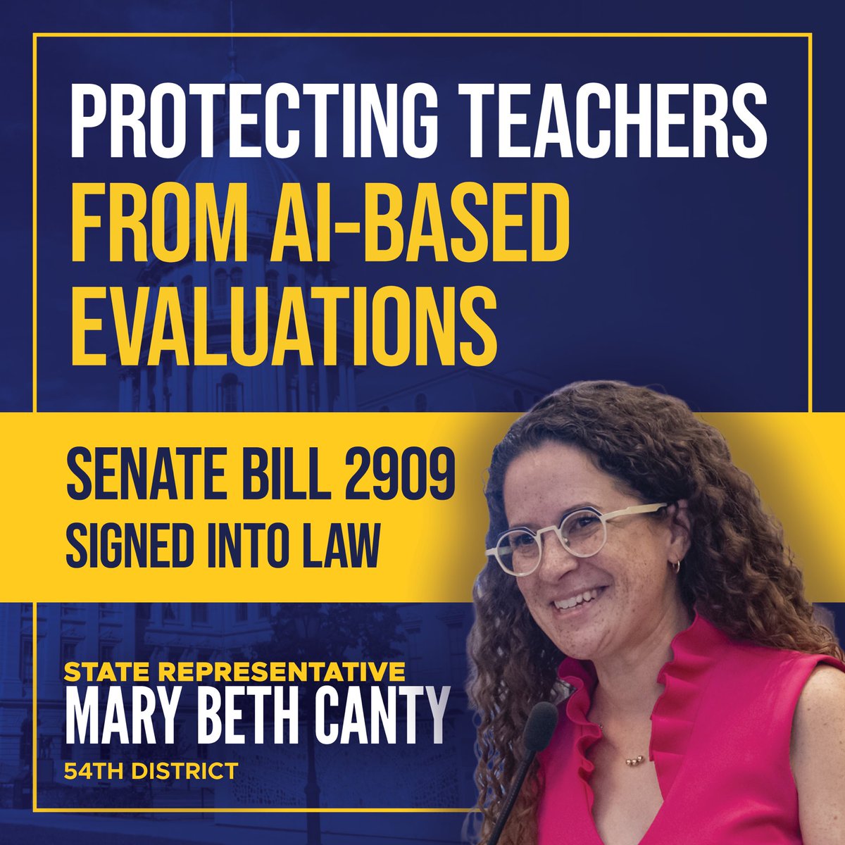 RepMBC's tweet photo. Teachers deserve fair evals and by outsourcing that process to AI, we do a disservice to both the dedicated teachers and students. Signing this bill into law will help prevent our teachers from being subject to standards that can restrict how they instruct their students. https://t.co/2S7RutYySW