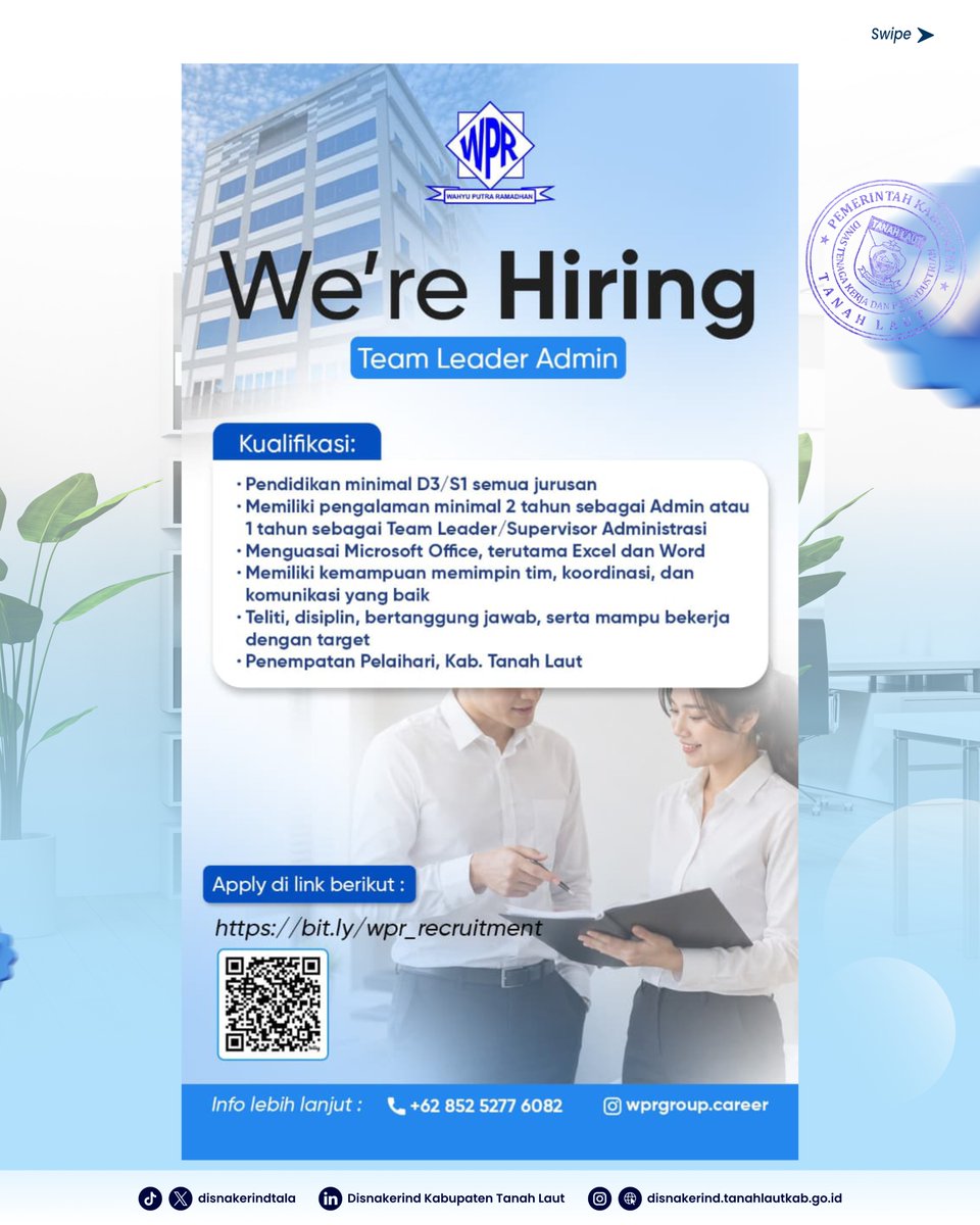 DisnakerindTala's tweet photo. 📢 LOKER WPR GROUP TANAH LAUT!

Dibutuhkan segera:
1️⃣ Team Leader Admin (Min. D3/S1) 📍 Pelaihari
2️⃣ Driver DT (Punya SIM BII Umum &amp; Exp Hino 500) 📍 Asam-asam

Daftar langsung via link berikut:
🔗 https://t.co/LtJ2Uj0AMP
Info/WA: 085252776082

RT yuk! #LokerTala https://t.co/Ap3VRciew1