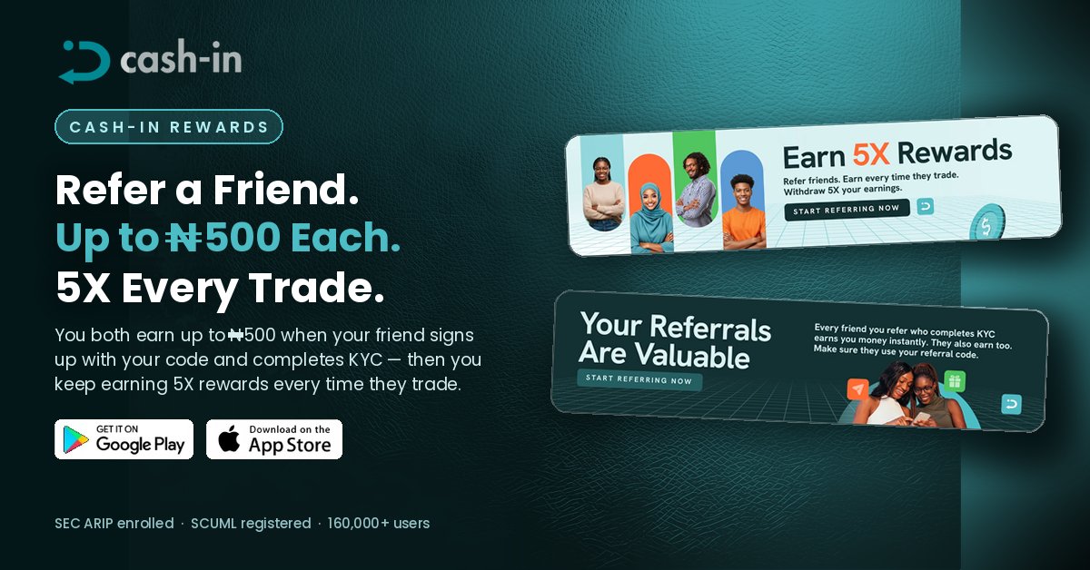 cashin_app's tweet photo. ₦10M+ paid out in referral rewards every month. 😎
Don't just watch — sign up, share your code, and earn up to ₦500 for every friend who joins. Then keep earning 5X every time they trade.
