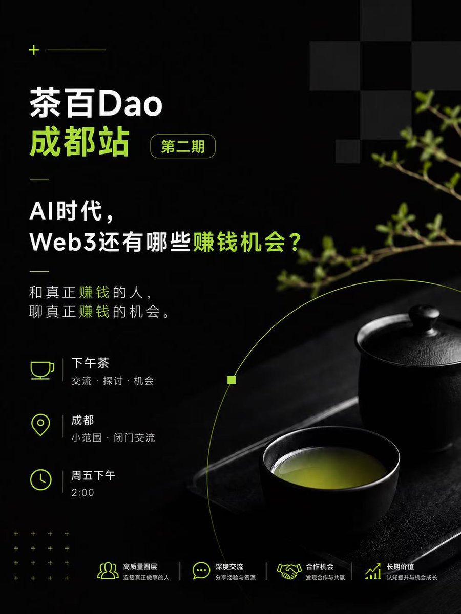 EvaCmore's tweet photo. 茶百DAO第二期茶话会圆满结束

这期聊的是，AI时代Web3还有那些赚钱机会？
•大部分人认为是交易方向
•套利理财
•新链的Memecion

挖掘了几个Web2落地赚钱的方向
•AI音乐赚版权 @lionman888888 
•AI广告
•AI中小企业内部信息优化落地 @Formulasearch
•AI游戏角色生成

今天的信息量依旧爆炸，相对Web2，Web3的信息是特别快的。

感谢到场的朋友们，期待下次再聚。