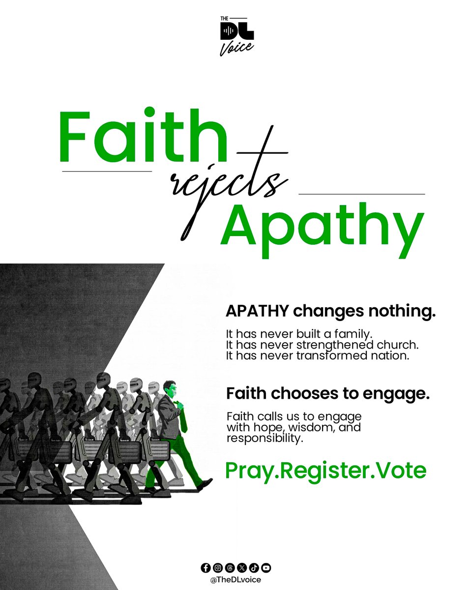 TheDLvoice's tweet photo. It's easy to believe that one person cannot make a difference. It's also easy to assume someone else will do what we have been called to do.
That state of mind is often the birthplace of apathy.
#PrayAndVote https://t.co/n60JNR3agF