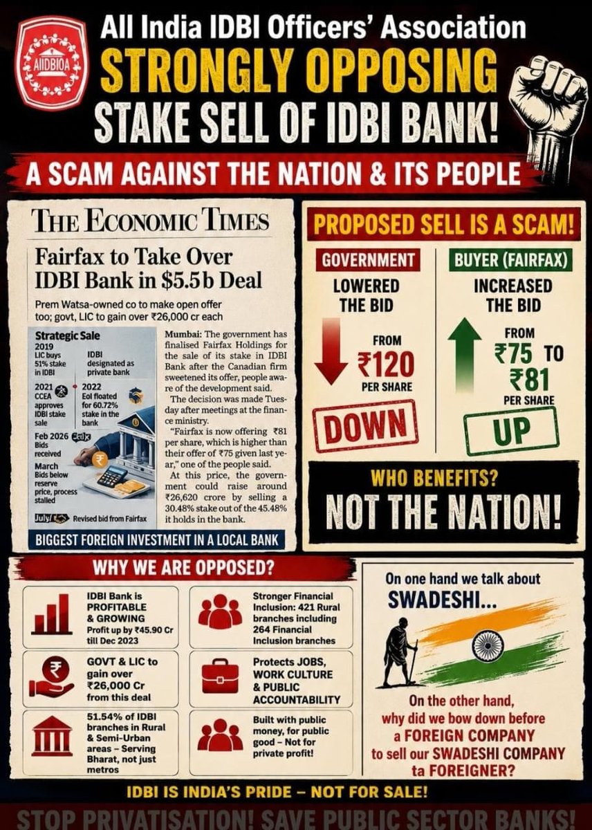 PatraSwarn69184's tweet photo. @IdbiFor @CJP_for_India @INCIndia @abhijeet_dipke @AamAadmiParty @BJP4India @FFH_TO @DFS_India Stop Privatisation of IDBI bank
@RSSorg @_YogendraYadav @dhruv_rathee @kanhaiyakumar https://t.co/eZP0R9mNLI
