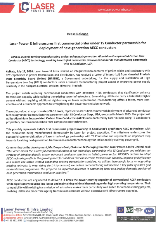 alkeshthakkar's tweet photo. DATED : 17/07/2026
#LASERPOWER - 288.65
Company has received afirst Lol for the supply and installation of HTLS conductors under a turnkey reconductoring project from HPSEBL in the Nalagarh Electrical Division, Himachal Pradesh The order value is approximately 4.15 crore. https://t.co/9fagB548FP