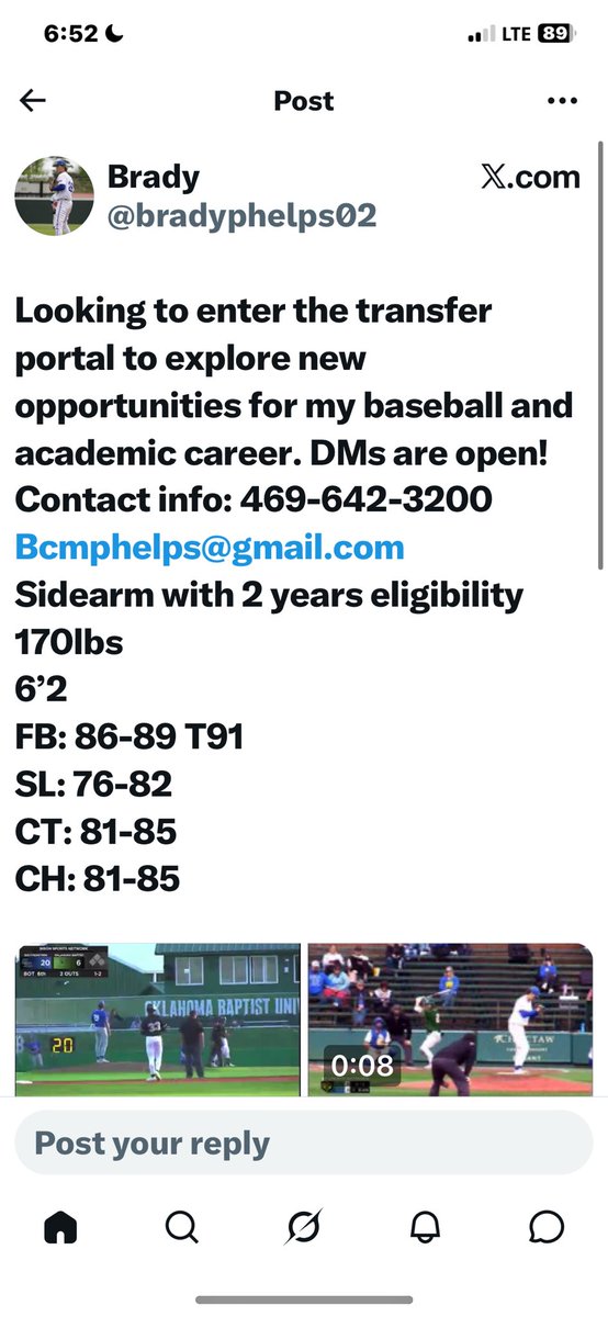 SCMPBray's tweet photo. @CoachTGrant42 @BUncommitted @UncommittedStud @uncommittedBBs @UncommittedUsa @UCBallers_ @UncommittedUTR @jucoroute Brayden Phelps 2 yrs eligibility grad student side arm pitcher https://t.co/qhWLHKfOrN