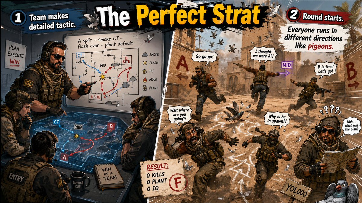 hellagood_of's tweet photo. Team makes detailed tactic. Round starts. Everyone runs in different directions like pigeons.
#CS2 #CS2Memes #TeamStrategy #GamingHumor https://t.co/b6b7OXcZVD
