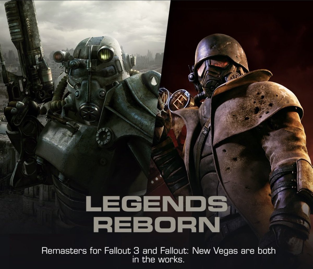 FilmsFallout's tweet photo. THE FUTURE OF FALLOUT

Fallout is one of our biggest priorities today. Fallout 5 remains our long-range destination, and we have multiple Fallout projects in active development right now.

Fallout 76 continues to be home to millions of players exploring Appalachia together. With nearly 70 free updates released to date, the journey is far from over.  In fact, we have a major Fallout 76 expansion planned for next year: Raven Rock, a prequel story to Fallout 3.
Fallout 4, the most award-winning game in the franchise, just celebrated its 10-year anniversary and recently passed over 35 million copies sold, continuing to attract a new audience every year.

We also know many players want to revisit previous Fallout experiences. While we're not announcing any dates today, we have been working on remasters for both Fallout 3 and Fallout: New Vegas.

Fallout Shelter continues to be the most popular way to experience Fallout on the go, with more than 250 million players. There’s more ahead for Fallout Shelter, including new Seasons. An unscripted Fallout Shelter television project is also in the works with our partners at Amazon Studios and Kilter Films.

We'd like to congratulate Kilter Films and Amazon Studios on the 10 Emmy nominations for Fallout Season 2. Production on Season 3 is already underway.

Via @BethesdaStudios