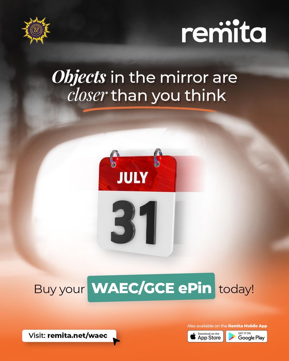 RemitaNET's tweet photo. The July 31 deadline for WAEC/GCE ePIN sales is closer than you think.
Get your ePIN today and focus on your preparation for the exam
Web: https://t.co/T9dSZ0TJB3
Remita Mobile App: 
Android: remita - Android Apps on Google 
Play iOS: Remita App - App Store
#GCE #Remita https://t.co/aeeq06iBIA