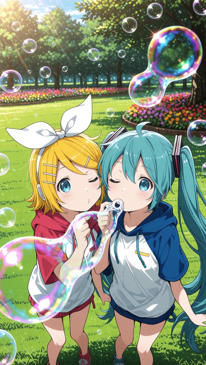 takeshi_cre's tweet photo. #AIart #HatsuneMiku #KagamineRin 
シャボン玉🧼 https://t.co/5FbmFiOhBm