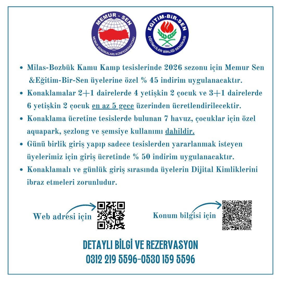 ebsaydin1's tweet photo. Milas-Bozbük Kamu Kamp Tesislerinde @MemurSenKonf ve @EgitimBirSen üyelerine özel % 45 indirim siz değerli üyelerimizi bekliyor! 🏖️  

Keyifli bir tatil için kaçırmayın!

@_aliyalcin_ @fatihefe09

Bilgi ve rezervasyon görsellerde
👇 https://t.co/s1nMDcTxcy