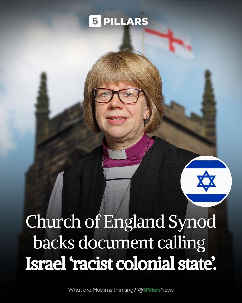 5Pillarsuk's tweet photo. The Church of England has voted to engage with a document by Palestinian Christians that accuses Israel of genocide and describes it as a "colonial enterprise built on racism".

The decision, passed overwhelmingly by the Church's General Synod, has sparked a backlash from Britain's Chief Rabbi Sir Ephraim Mirvis, who called it "shameful", while the Board of Deputies of British Jews also condemned the vote.

For Palestinian Christians, however, it marks a significant moment, with one of the world's most influential Christian institutions signalling a greater willingness to engage with their experiences under Israeli occupation.