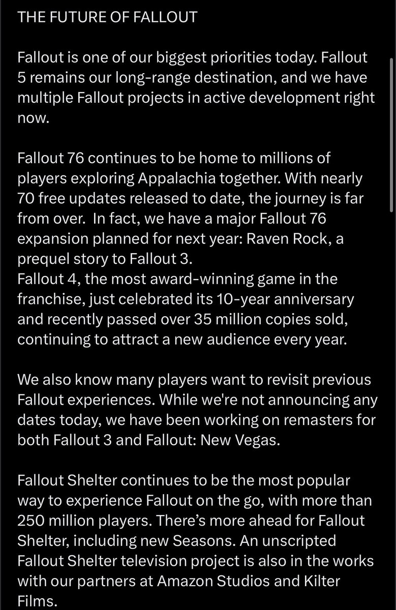 Its_Jabo's tweet photo. THE FUTURE OF FALLOUT

> Fallout 5 is a ‘long-range’ project
> Fallout 3 ‘Raven Rock’ expansion for 76 soon
> Fallout 3 and NV remakes CONFIRMED https://t.co/2nmML8yIC0