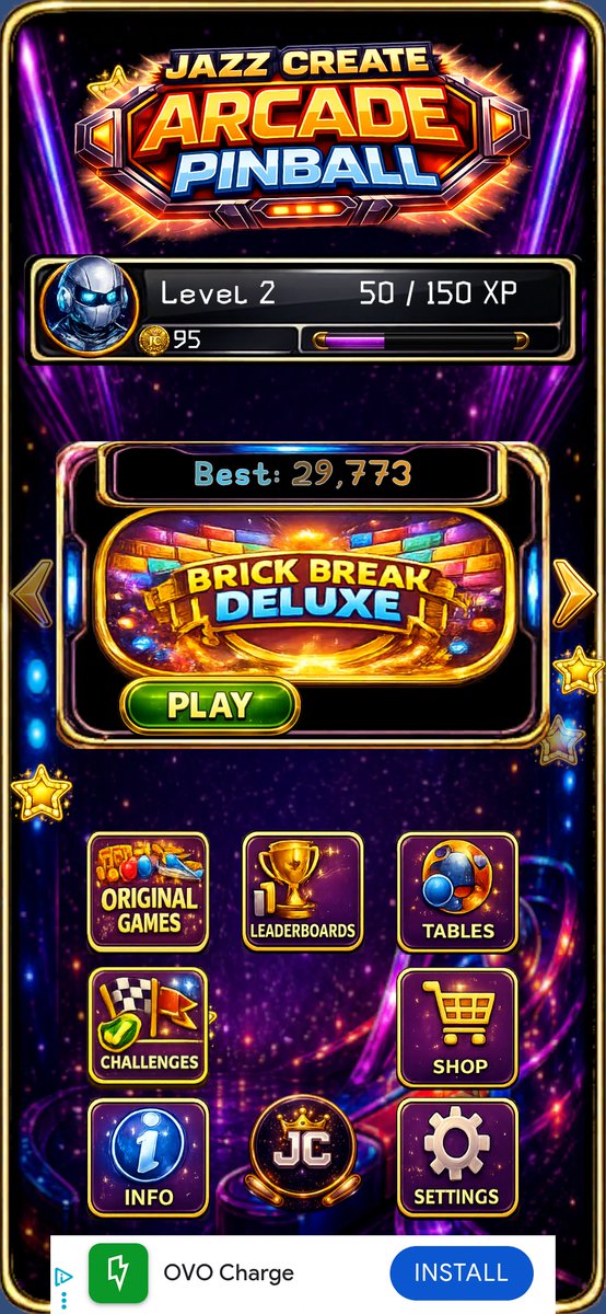 JazzCreate's tweet photo. 🎉 The biggest update yet for JazzCreate Arcade Pinball is now LIVE! 1.44

🏆 Complete Challenges
⭐ Earn XP and level up
🪙 Collect Coins
🎨 Unlock new Avatars &amp; Pinball Designs
🌍 Compete on Google Play Leaderboards
🎮 Plus UI improvements, new sounds and lots of polish! https://t.co/nIOuqdL2gg