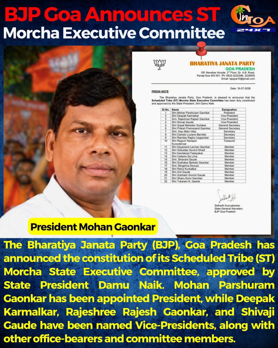 InGoa24x7's tweet photo. BJP Goa Announces ST Morcha Executive Committee
#Goa #GoaNews #BJP #STMorcha #Announcement https://t.co/3zqALGQIFa