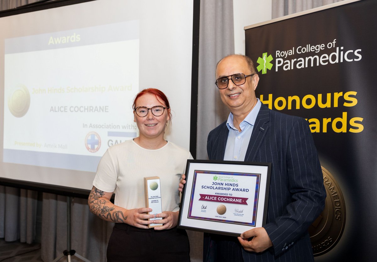 GalenLtd's tweet photo. Alice Cochrane Announced as 2026 Dr John Hinds Scholarship Winner 🏆🚑

On Tuesday 14th July, Galen's Amrik Mall had the honour of presenting the 2026 Dr John Hinds Scholarship Award to Alice Cochrane at the College of Paramedics Awards Ceremony in Sheffield.

The scholarship, which is sponsored by Galen, recognises outstanding commitment to professional development and excellence in patient care while honouring the legacy of the late Dr John Hinds, whose passion for advancing prehospital emergency medicine continues to inspire healthcare professionals today.

As this year's recipient, Alice will receive a fully funded place on the prestigious Advanced Trauma and Critical Care @ATACCGroup course and will have her clinical case study published in the College of Paramedics' magazine, Paramedic INSIGHT. 

Congratulations, Alice, on this well deserved achievement. We look forward to following your ATACC journey and seeing the impact you continue to make in prehospital care.

Read the full story here: https://galen-pharma/about-galen/news/alice-cochrane-announced-as-2026-john-hinds-scholarship-winner

@ParamedicsUK

#JohnHindsScholarship #Paramedicine #EmergencyCare #PrehospitalCare #PatientCare #Paramedics