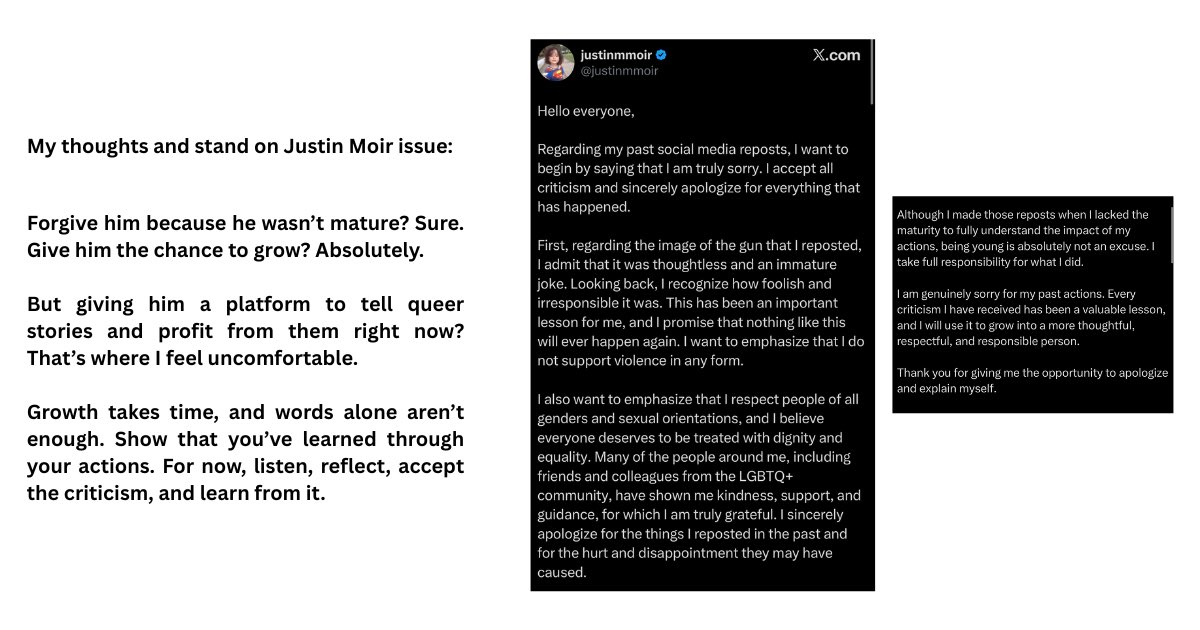 luithcrewthe's tweet photo. My thoughts on Justin Moir issue: 

Forgive him because he wasn’t mature? Sure. Give him the chance to grow? Absolutely.

But giving him a platform to tell queer stories and profit from them right now? That’s where I feel uncomfortable. https://t.co/H2Mk6xrq8r