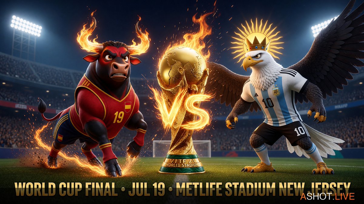 ASHOTLIVECHANEL's tweet photo. 🏆 THE WORLD CUP FINAL

The Fire Bull vs The Sun Eagle.
Spain vs Argentina.

This is what legends are made of.

🇪🇸 Raging Sun Bull — 2-0 past France, unstoppable tiki-taka machine
🇦🇷 Blue-White Sun Eagle — knocked out England with TWO LATE goals, the GOAT's last ride 🐐

The last World Cup dance vs the hungry new king.

Who rules the world?

📅 Jul 19 · 3PM ET
🏟️ MetLife Stadium, New Jersey