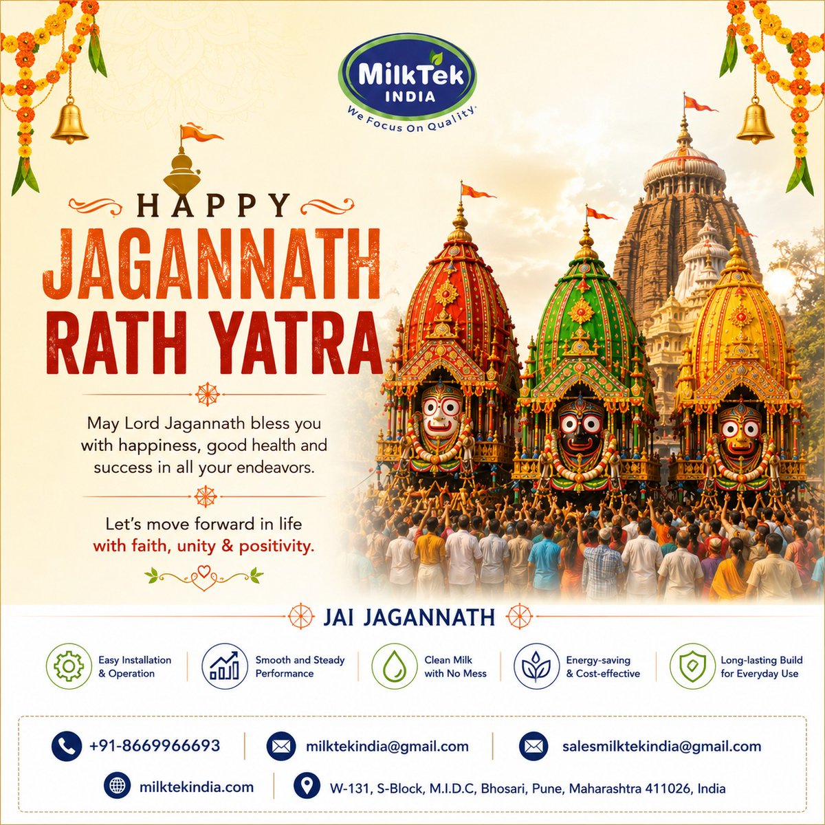Milktekindia's tweet photo. Wishing you and your family a blessed Jagannath Rath Yatra! May Lord Jagannath fill your life with peace, prosperity, good health and endless happiness.

#JagannathRathYatra #JaiJagannath #RathYatra #HappyRathYatra #FestiveGreetings #IndianFestival #Blessings #Faith #Prosperity https://t.co/5nEKGo49x1