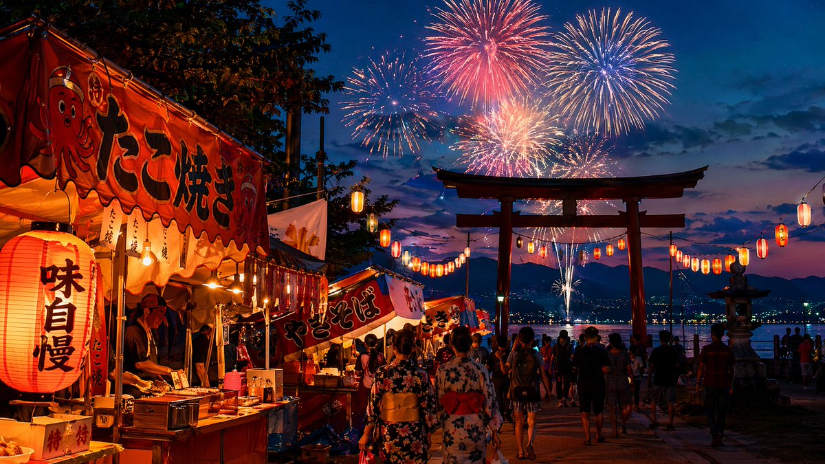 Tcom_Global's tweet photo. Summer nights in Japan feel like a dream. 🎐✨

Yukata sleeves swaying through crowded festival streets, the scent of takoyaki and sweet shaved ice in the air, goldfish scoops, lantern lights, and laughter echoing between the stalls.

Then the sky goes quiet for a second—

and suddenly blooms with fireworks. 🎆

Warm wind, glowing faces, and that fleeting feeling you wish could last forever.

A Japanese summer festival isn’t just a night out…

it’s a memory wrapped in light. 🌙🏮 #TCOM