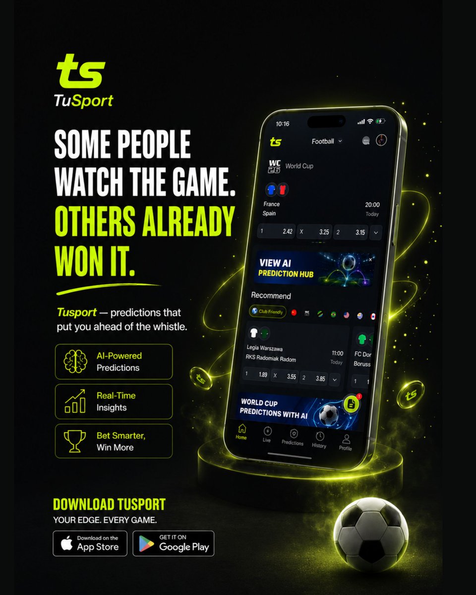 TuSportOfficial's tweet photo. Football isn't just about what happens on the pitch.

It's about who saw it coming. With TuSport, every prediction is backed by intelligent analysis designed to keep you ahead of the whistle.

⚽ Predict smarter.
📈 Win smarter. 

Download now on Google Play & App Store. Visit: https://t.co/QKQfGhf5hU or use link on our bio.

#TuSport #WorldCup2026 #FootballPredictions #SemiFinals #SportsTech #AIPredictions #PredictSmarter #FootballCommunity