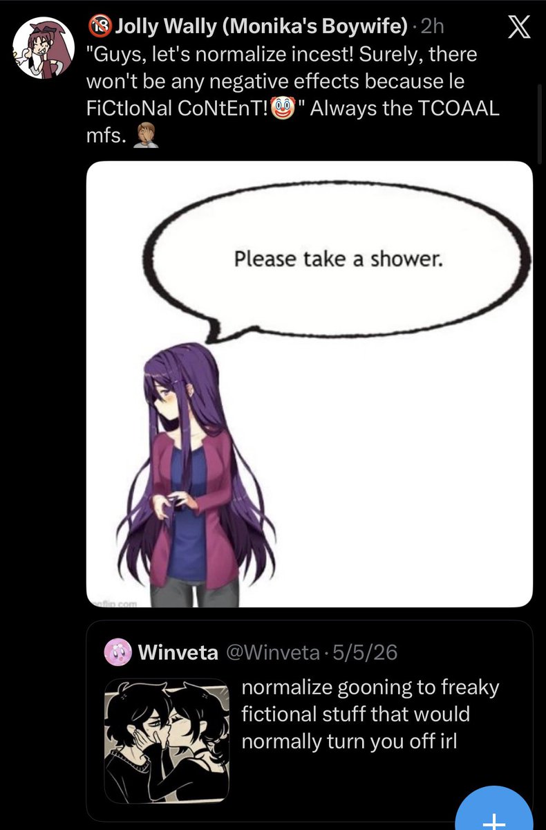 MariKosama143's tweet photo. Crying abt fictional incest meanwhile you defend a child predator is crazy work btw. 

This just PROVES how performative your corny ass is. https://t.co/b74QdspfR6