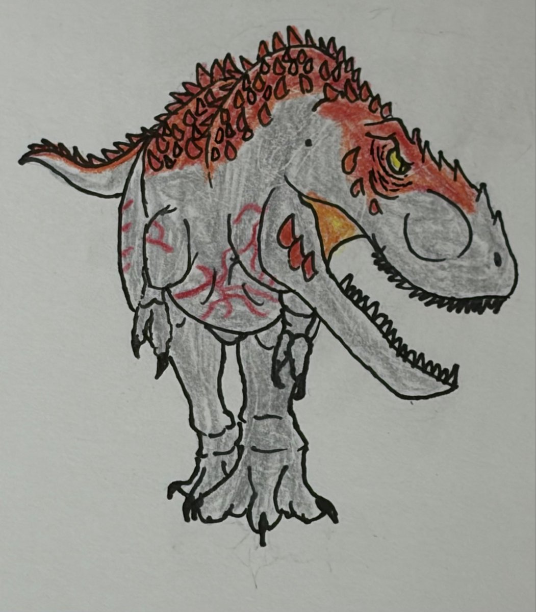 Dino_fun65's tweet photo. ジュラシックワールドザゲームに登場するボス生物、アルファ06を描きました！
ハロウィン限定で戦うことができるオメガ09の色違いでこの赤系統の色がとても好きです！
#恐竜　#ジュラシックワールドザゲーム https://t.co/p7tXgztLiu