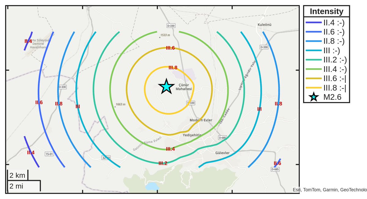 SismoDetector's tweet photo. Merkez üssü Türkiye'nın #Isparta kentine 7 km uzaklıkta olan ve saat 10:11:38'de (UTC) meydana gelen M2.6 #deprem şiddet haritası. Akıllı telefonunuzdaki uyarıları almak için Deprem Ağı uygulamasını https://t.co/wURSHhnNT2 adresinden indirin https://t.co/Y2oSrDpEnD