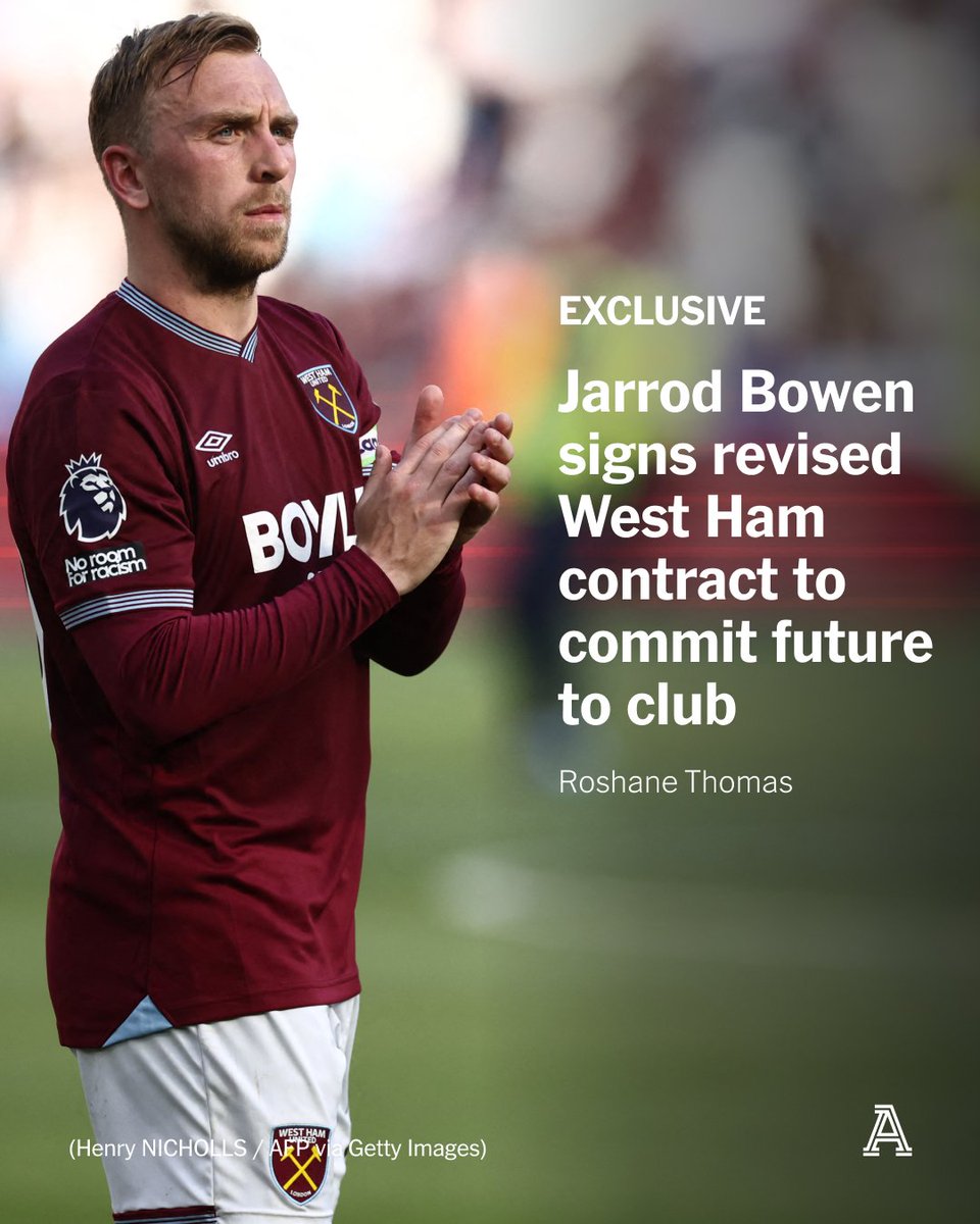 TheAthleticFC's tweet photo. West Ham United captain Jarrod Bowen has committed his immediate future to the club by signing a revised contract.

Bowen has agreed to a contract adjustment which, according to sources, does not extend the deal beyond its expiration of 2030, but ensures he commits his future to West Ham for the 2026-27 Championship season.

Exclusive from @RoshaneSport 

🔗 https://t.co/3zZJqzO2iC