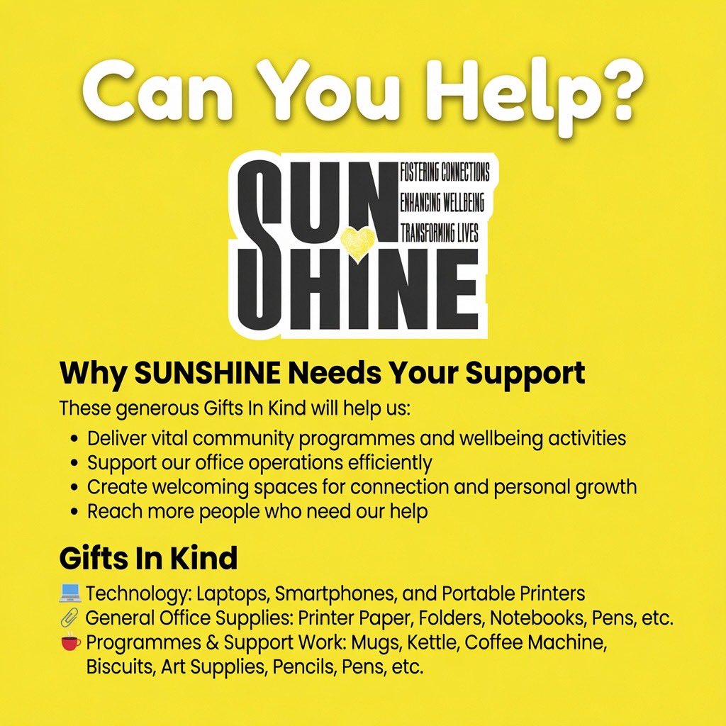 SUNSHINEChty's tweet photo. We’re a 100% Volunteer Powered Charity, and we’re collecting Gifts in Kind to help us run our new startup and support people facing loneliness and social isolation.

Your donated items help us bring connection, joy, belonging and community to those who need it most.

#GiftInKind https://t.co/dS7UdQs4N2