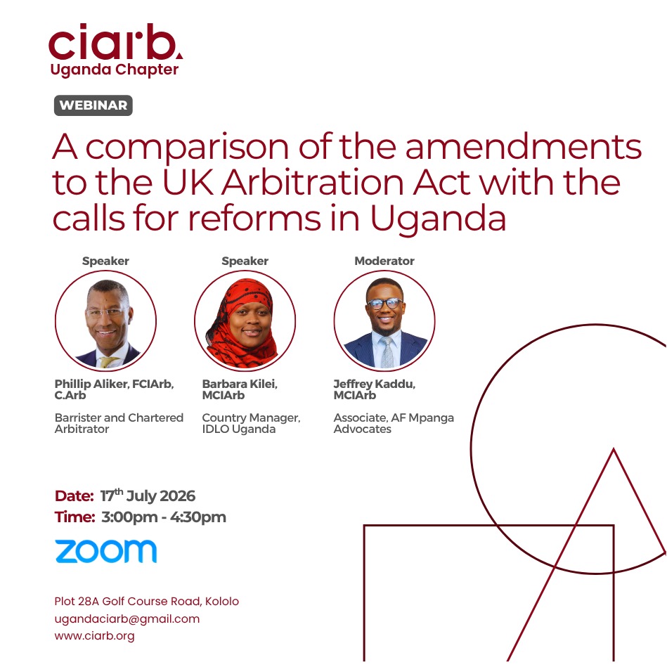 AFMpangaUG's tweet photo. This afternoon, our very own Jeffrey Kaddu MCIArb, Associate at AF Mpanga Advocates, moderates the @CIArbUganda webinar on UK Arbitration Act amendments & Uganda’s reform calls.
#ArbitrationReform #UKArbitrationAct #UgandaLaw #CIArbUganda #LegalInnovation #DisputeResolution https://t.co/hlUmso2cx3