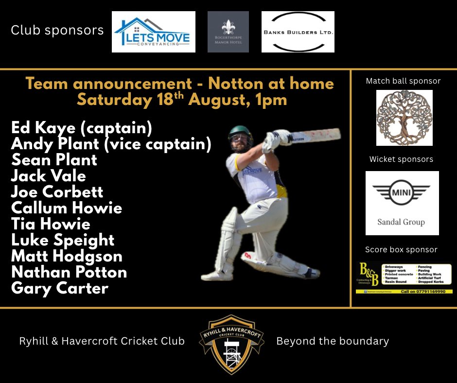 RyhillhCC's tweet photo. Here’s our team for this weekends game against Notton. 
Play starts at Rycroft Leisure at 1pm. Come on down and support the team in this first versus second league encounter, it should be a belter. 
Thanks to all our sponsors. Club sponsors Lets Move Conveyancing, Banks Builders https://t.co/iMXjSPIw8G
