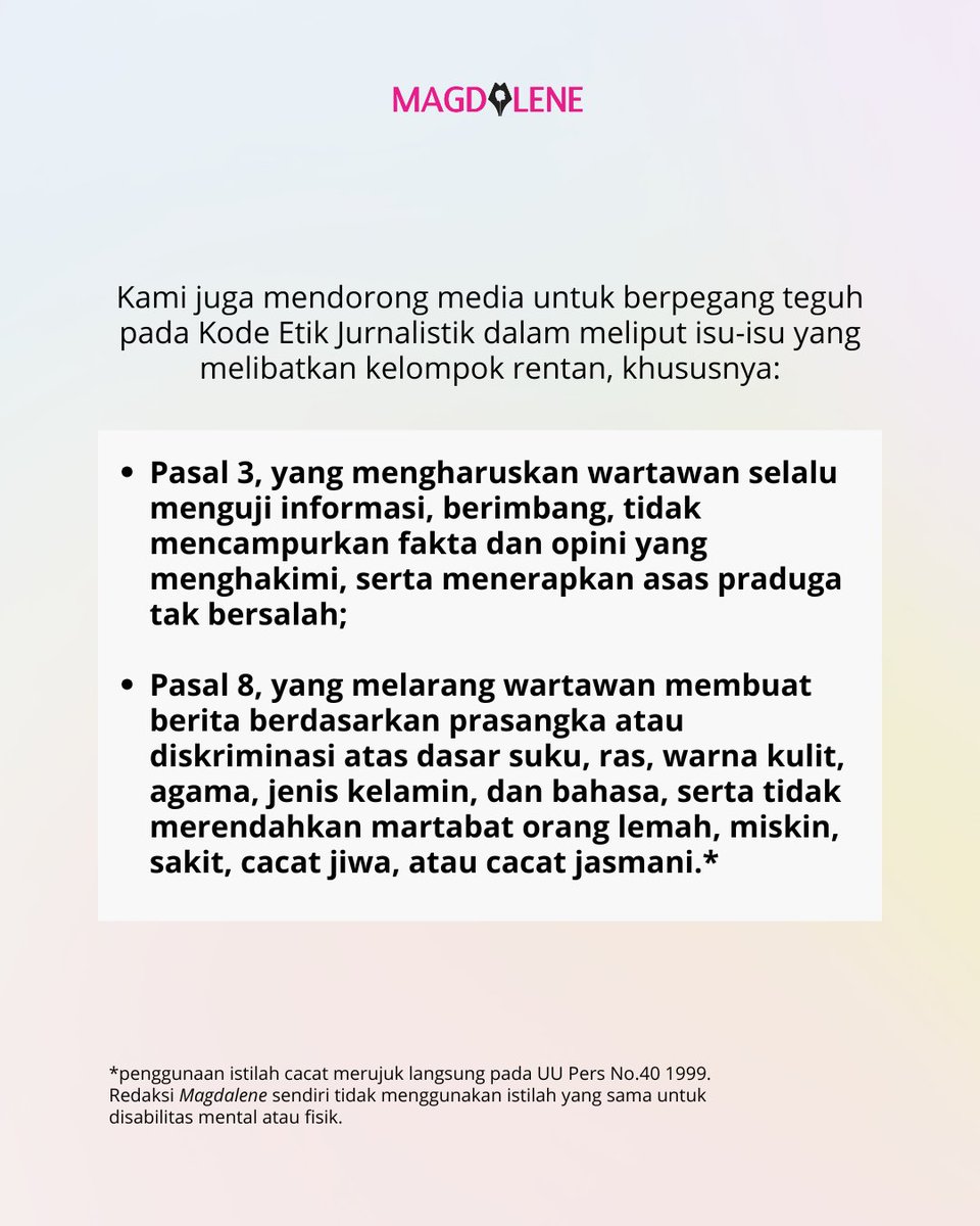 magdaleneid's tweet photo. Menyikapi persekusi yang menyasar teman-teman transpuan oleh kelompok pro kekerasan (16/7) di Bogor, redaksi Magdalene mengecam segala bentuk tindak kekerasan yang dilakukan terhadap teman-teman kwir. Kami juga mendorong media agar dapat melakukan pemberitaan sesuai Kode Etik Jurnalistik dan panduan peliputan isu LGBTQIA+.