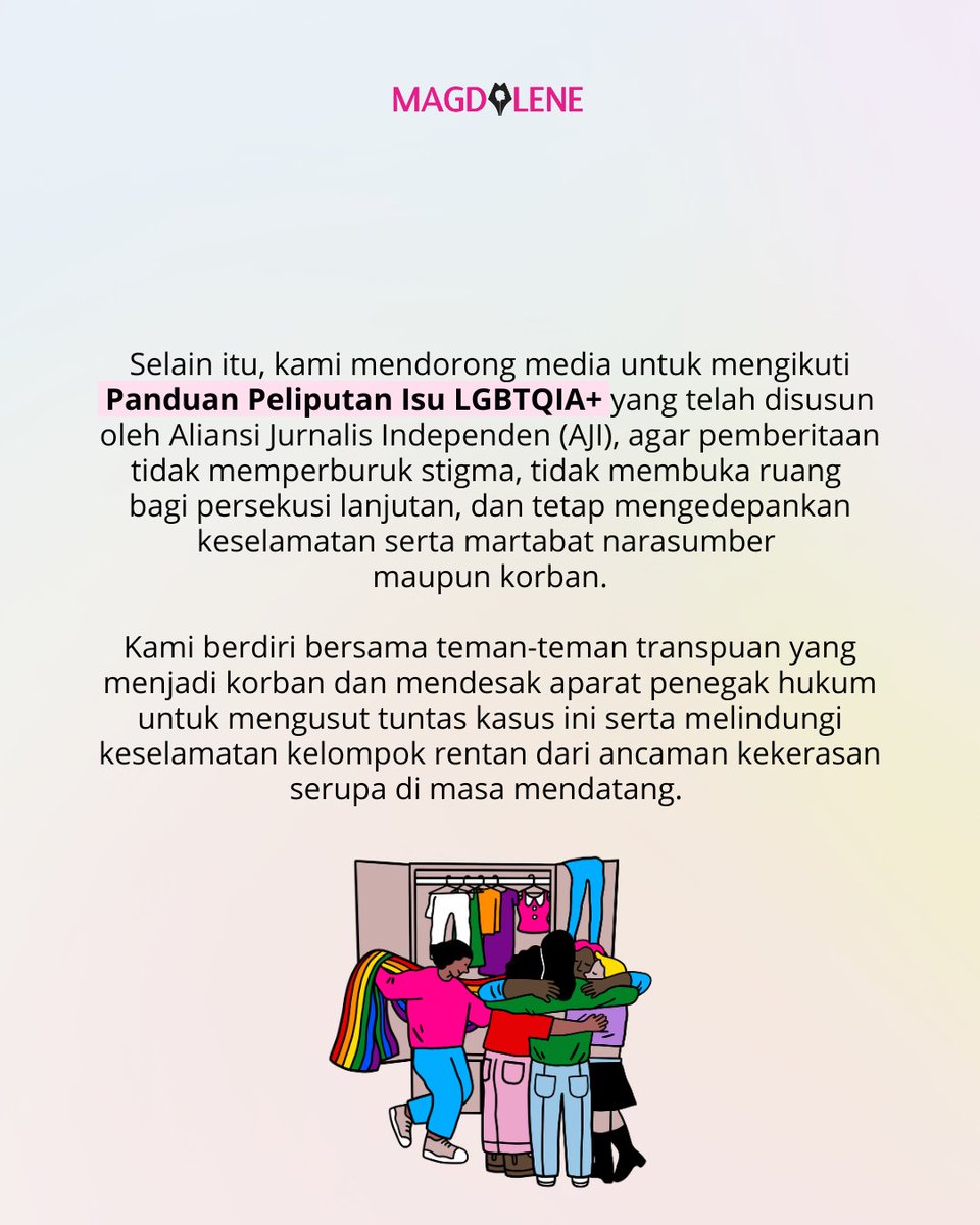 magdaleneid's tweet photo. Menyikapi persekusi yang menyasar teman-teman transpuan oleh kelompok pro kekerasan (16/7) di Bogor, redaksi Magdalene mengecam segala bentuk tindak kekerasan yang dilakukan terhadap teman-teman kwir. Kami juga mendorong media agar dapat melakukan pemberitaan sesuai Kode Etik Jurnalistik dan panduan peliputan isu LGBTQIA+.