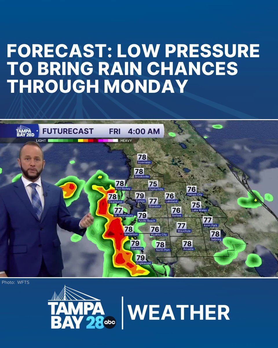 tampabay28's tweet photo. Temps in the 80s this morning. Meteorologist Jason Adams says we'll see multiple rounds of showers through Monday. https://t.co/alebyT3zey https://t.co/oKV6du5NBK