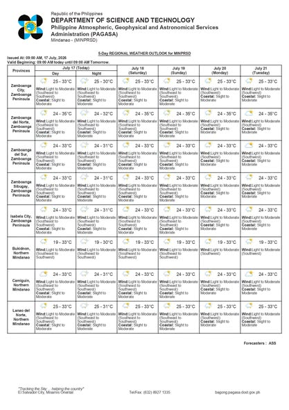 eggwardjwx's tweet photo. Extended Weather Outlook for Mindanao #MINPRSD
July 17 - 21, 2026.
Issued at 9:00 AM, 17 July 2026.
Valid Beginning: 09:00 AM today until 09:00 AM Tomorrow
1/ https://t.co/tXTt9V1rT2