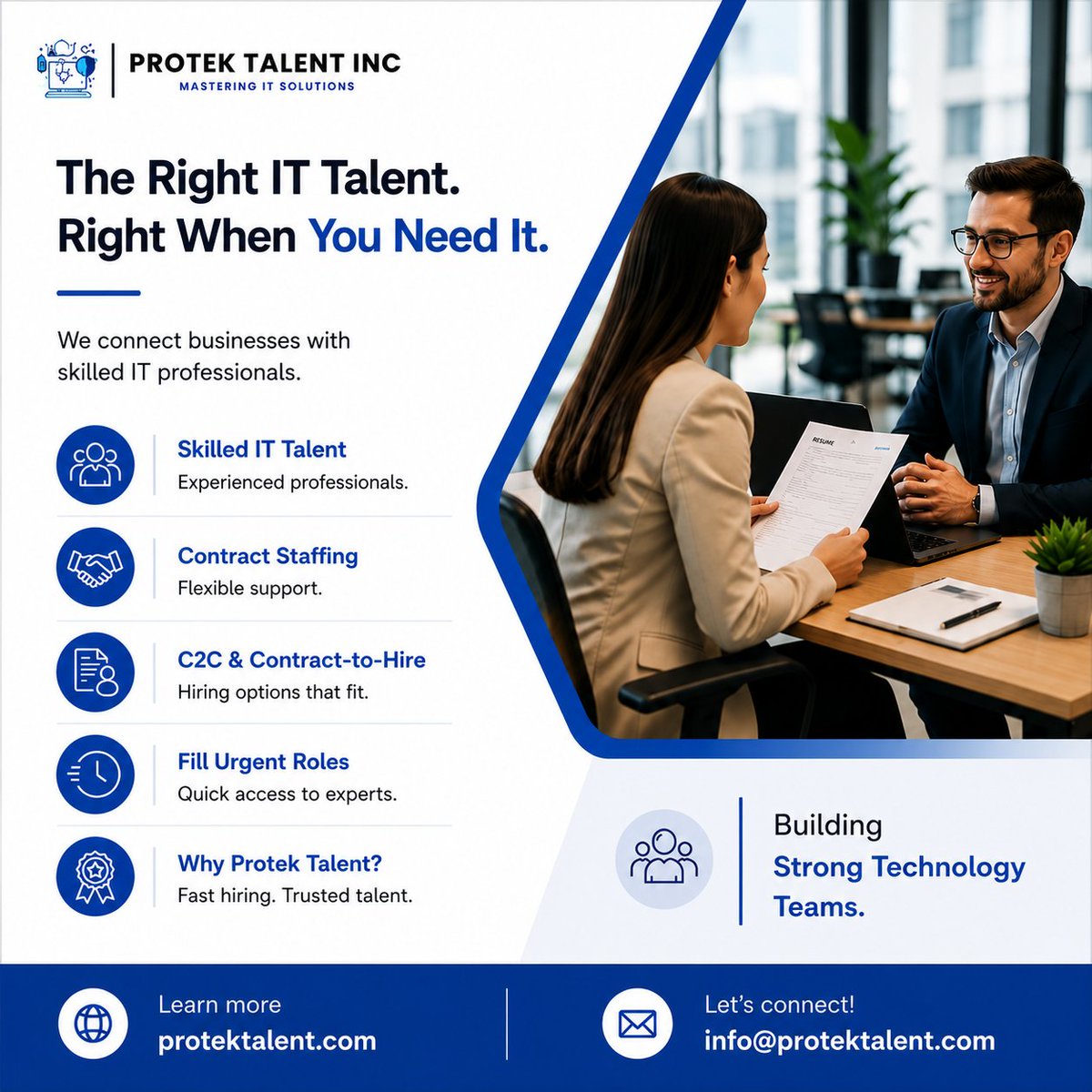 protektalentinc's tweet photo. Build the right IT team, right when you need it.
• Skilled IT professionals
• Contract Staffing &amp; C2C Hiring
• Contract-to-Hire solutions

🌐 https://t.co/NEhH6Zwr2u | ✉️ info@protektalent.com
#ProtekTalentInc #ITStaffing #TechRecruitment  #HiringSolutions #USA #India https://t.co/CwjTV3Kl3A