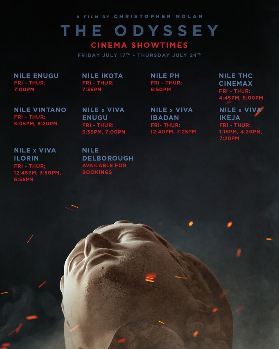 Nile_ent's tweet photo. Defy the gods and come back home. 

Experience Christopher Nolan's THE ODYSSEY NOW SHOWING IN CINEMAS NEAR YOU!

SEE SHOWTIMES AND START YOUR JOURNEY. BOOK YOUR SEATS NOW!!!

Distributed by @Nile_ent 

#odessey #greekmythology #adventure #trojanwar #christophernolan https://t.co/lc4pdAuPSm