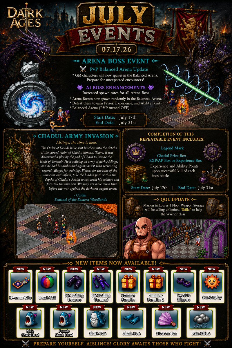 DarkAgesMMORPG's tweet photo. July Events
7/17 - 7/31

#DarkAges #RPG #MMORPG #indiedev https://t.co/j104G5NOdm